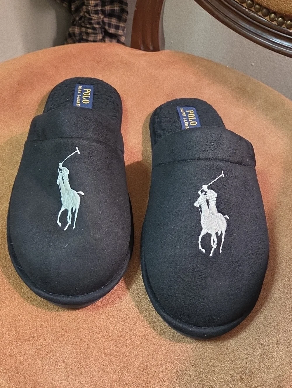 Polo by Ralph Lauren Black Klarence Scuff Slip-on Logo Slippers Mens Sz 8